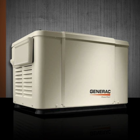 Image of a square and white box shaped generator with a Generac logo on the bottom right.